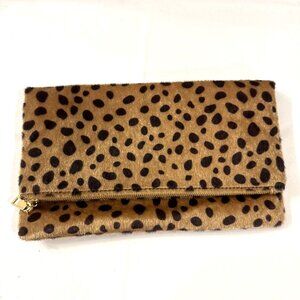 NWOT Leopard Pony Hair Foldover Zip Purse/Clutch with Gold Chain Strap